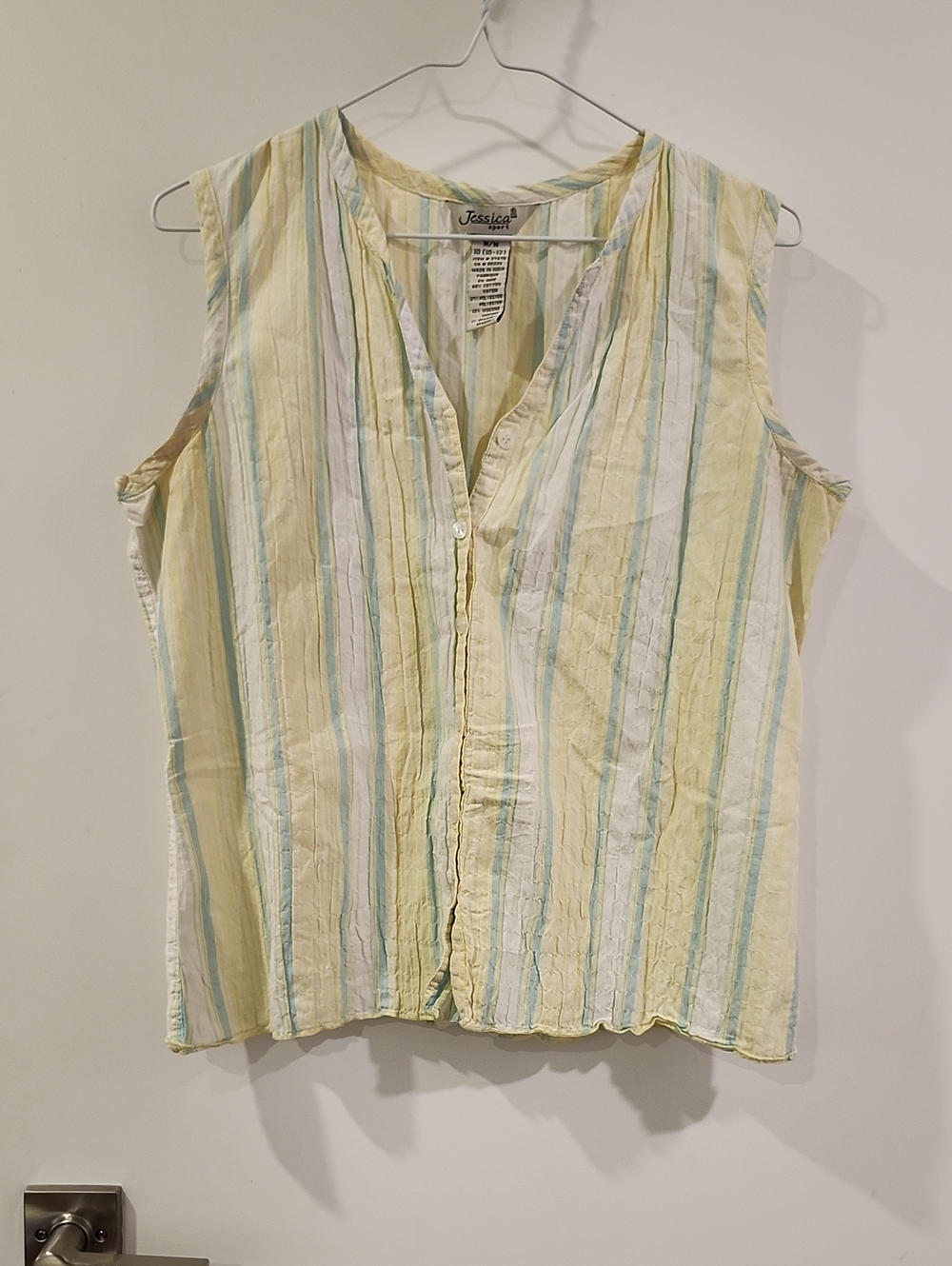 P2P 19" Jessica Sport Sleeveless Button-Front Stripe Top in Pale Yellow